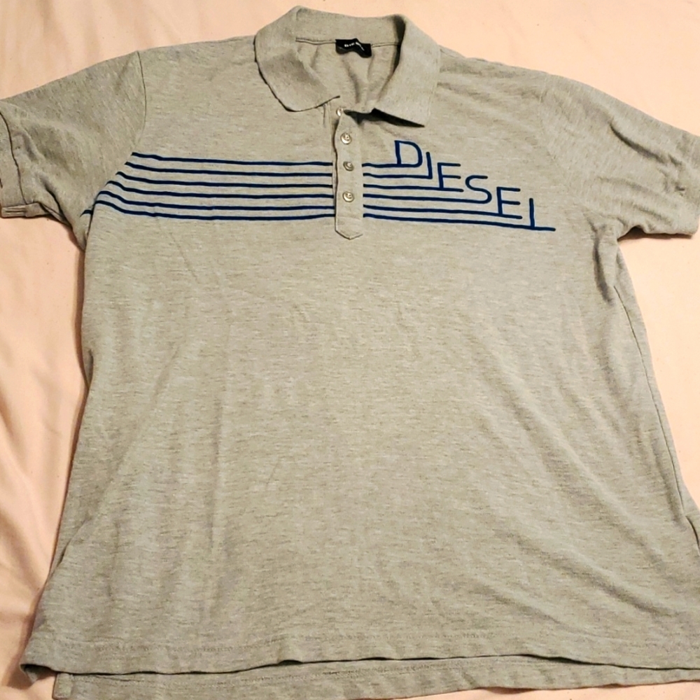 Diesel Men's Light Gray Polo Shirt with Navy Stripe Logo